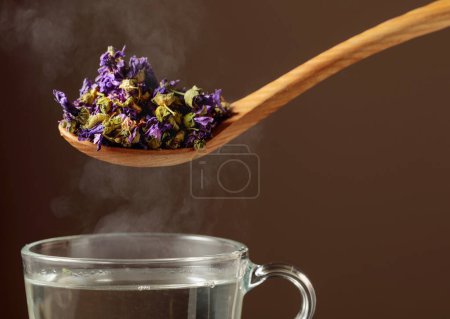 Téléchargez les photos : Fleurs de mauve séchées pour faire une tisane et une tasse avec de l'eau chaude. - en image libre de droit