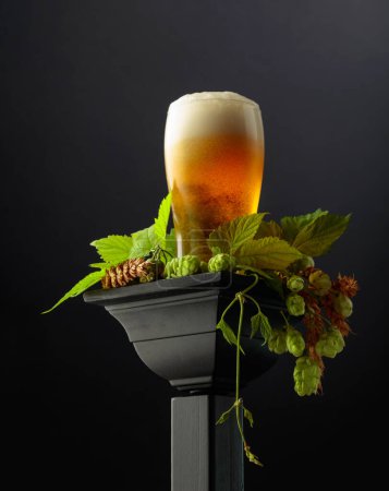 Foto de Un vaso de cerveza con lúpulo verde y espigas de trigo en un podio negro. Copiar espacio. - Imagen libre de derechos