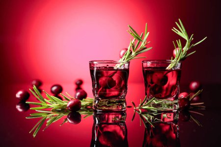 Photo for Cranberry liquor with rosemary on a dark red background. Copy space. - Royalty Free Image