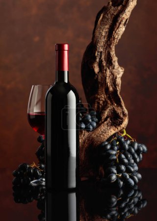 Foto de Botella y copa de vino tinto. En el fondo viejo enganche envejecido y uvas azules. Copiar espacio. - Imagen libre de derechos