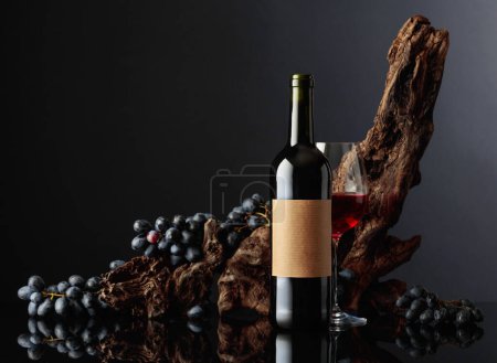 Téléchargez les photos : Bouteille de vin rouge avec vieille étiquette vide. En arrière-plan vieux chicots altérés et raisins bleus. - en image libre de droit