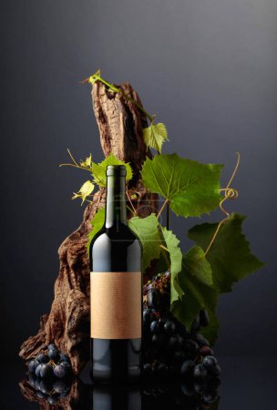 Foto de Botella de vino tinto con uvas azules y ramas de vid. En una botella vieja etiqueta vacía. Copiar espacio. - Imagen libre de derechos