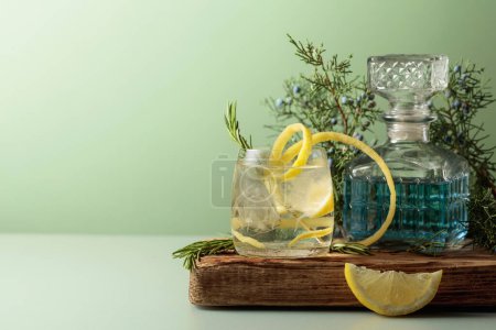 Téléchargez les photos : Cocktail gin-tonic avec glace, citron et romarin dans un verre congelé. Une boisson rafraîchissante avec des branches de genièvre et des chicots sur une vieille planche. Espace de copie. - en image libre de droit