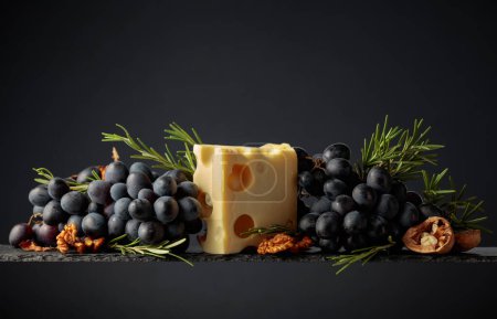 Foto de Queso Maasdam con nueces, uvas azules y romero sobre fondo negro. - Imagen libre de derechos