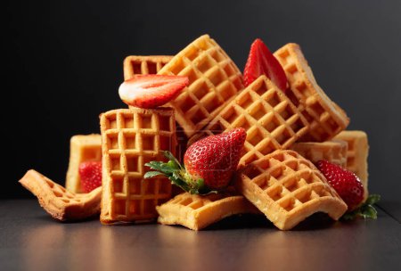 Belgian waffles with strawberries on a black ceramic table.
