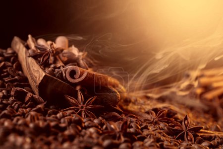 Photo for Roasted coffee beans with cinnamon sticks, anise, and nutmeg. Steaming coffee beans with spices in a wooden dish. - Royalty Free Image