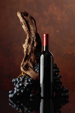 Photo for Bottle of red wine with an old snag and blue grapes. Copy space. - Royalty Free Image