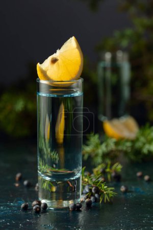 Foto de Ginebra y ramas de enebro en una vieja mesa azul oscuro. Vaso de ginebra con bayas de enebro y rodajas de limón. - Imagen libre de derechos