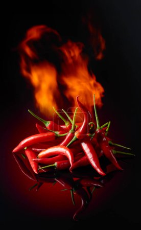 Photo for Burning red hot chili peppers on a black reflective background. Concept of the theme of spicy food. - Royalty Free Image