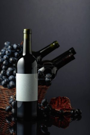 Téléchargez les photos : Red wine and blue grapes on a black reflective background. Focus on an empty label. Copy space. - en image libre de droit