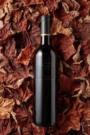 Téléchargez les photos : Bottle of red wine on dried-up vine leaves. Top view. - en image libre de droit