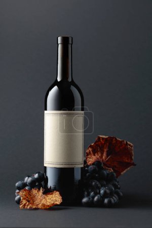 Photo for Bottle of red wine and blue grapes with dried up vine leaves on a dark background. On a bottle old empty label. - Royalty Free Image
