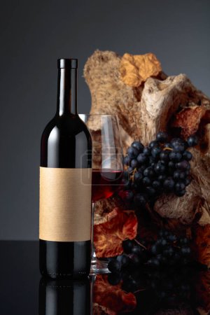 Téléchargez les photos : Bottle of red wine with empty label. In the background old snag and grapes with dried-up vine leaves. - en image libre de droit