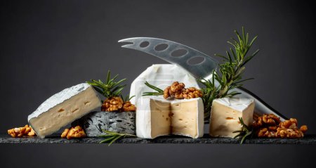 Photo for Various soft cheeses with walnuts and rosemary. Copy space. - Royalty Free Image