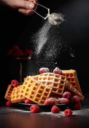 Photo for Belgian waffles with raspberries sprinkled with powdered sugar. Waffles with raspberries on a black background. - Royalty Free Image