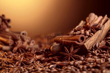 Téléchargez les photos : Roasted coffee beans with cinnamon sticks, anise, and nutmeg. Selective focus. Copy space. - en image libre de droit