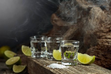 Foto de Tequila with salt and lime slices on an old wooden board. - Imagen libre de derechos