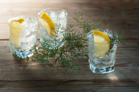 Téléchargez les photos : Gin au citron, genièvre et glace sur une vieille table en bois
. - en image libre de droit