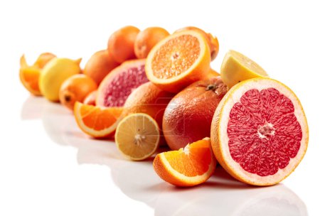 Téléchargez les photos : Les agrumes sont isolés sur fond blanc. Les oranges, les pamplemousses, les citrons et les mandarines sont présentés. Concentration sélective. - en image libre de droit