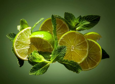 Photo for Lime slices and mint on a green background. - Royalty Free Image