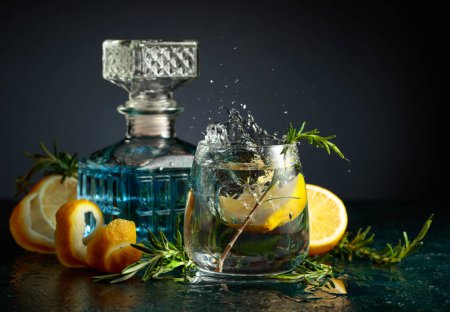 Photo for Gin tonic cocktail with lemon and rosemary. Slice of lemon fall in glass with a cocktail. - Royalty Free Image