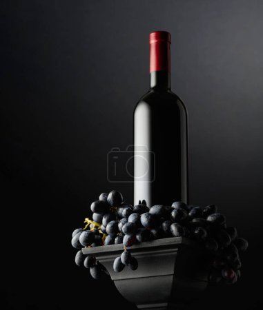 Téléchargez les photos : Raisins bleus et une bouteille de vin rouge sur fond noir. Vue latérale et inférieure. Concentration sélective. - en image libre de droit