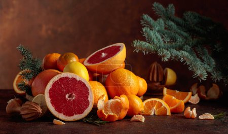 Photo for Citrus fruits and branch of spruce on a brown background. Christmas still-life with oranges, grapefruits, lemons, and tangerines. - Royalty Free Image