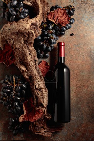 Photo for Bottle of red wine with blue grapes on a rusty background with an old snag and dried-up vine leaves. Concept of vinery. Top view. Copy space. - Royalty Free Image