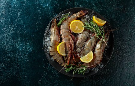Photo for Fresh black Tiger Prawns in a black plate with lemon, rosemary and crushed ice, top view with copy space. - Royalty Free Image