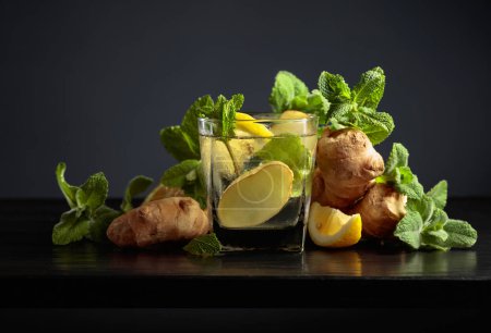 Photo for Cold refreshing drink with ice, ginger, lemon, and mint on a black background. - Royalty Free Image