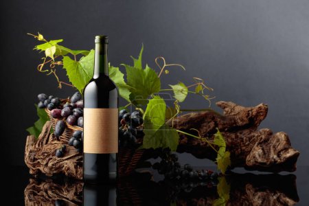Téléchargez les photos : Bouteille de vin rouge avec raisins bleus et branches de vigne. Sur une vieille étiquette vide. Espace de copie. - en image libre de droit