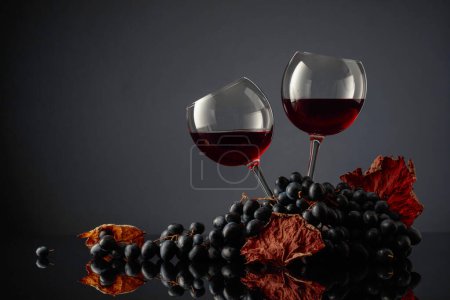 Foto de Vasos de vino tinto y uvas azules sobre fondo negro. Copiar espacio. - Imagen libre de derechos