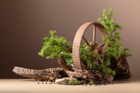 Photo for Abstract nature scene with a composition of rusty iron wheel, juniper, and dry snags. Eco concept. Neutral beige background with copy space, front view. - Royalty Free Image