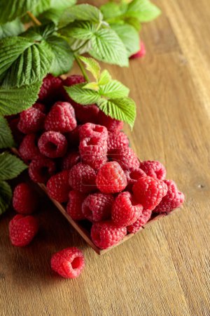 Photo for Ripe juicy raspberries with leaves. Berries in a wooden dish on an old wooden table. - Royalty Free Image
