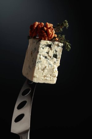 Foto de Queso azul con nueces y tomillo en un cuchillo. - Imagen libre de derechos