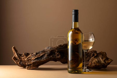 Photo for White wine and old snag on a beige background. Copy space. - Royalty Free Image