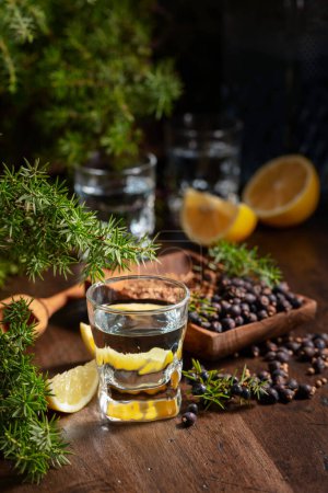 Téléchargez les photos : Gin bleu et branches de genièvre sur une vieille table en bois. Gin aux ingrédients - baies de genièvre, graines de coriandre et tranches de citron. - en image libre de droit