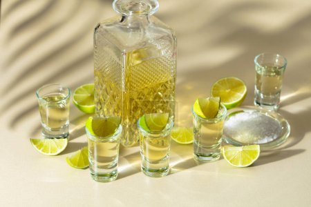 Photo for Tequila with salt and lime slices on a yellow background. Bright sunlight  and long shadows. - Royalty Free Image