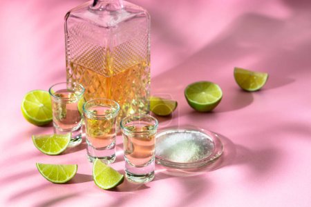 Foto de Tequila con rodajas de sal y lima sobre fondo rosa. Luz del sol brillante y largas sombras. Concepto de bebidas de verano. - Imagen libre de derechos