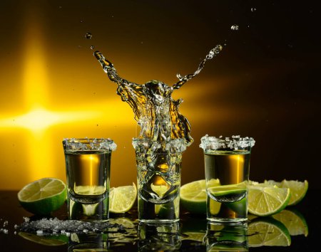 Foto de Tequila dorado con sal marina y rodajas de lima sobre fondo negro reflectante. - Imagen libre de derechos