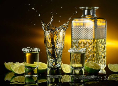 Téléchargez les photos : Tequila dorée avec sel de mer et tranches de citron vert sur fond réfléchissant noir. - en image libre de droit