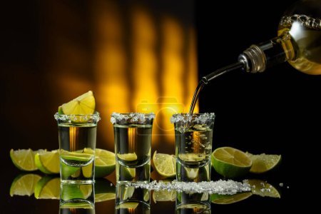 Foto de Tequila dorado con sal marina y rodajas de lima sobre un fondo negro reflectante. La bebida se vierte de una botella en un vaso. - Imagen libre de derechos