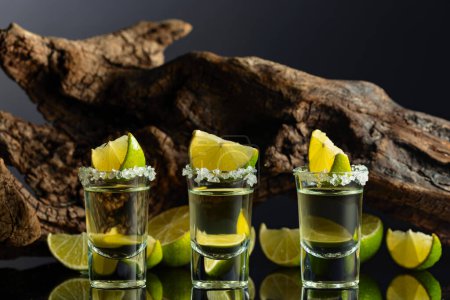 Photo for Gold tequila with sea salt and lime slices on a background of old snag. Black reflective background. - Royalty Free Image