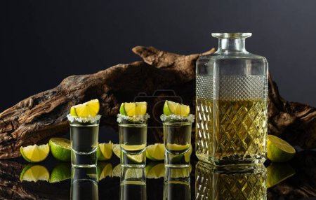 Téléchargez les photos : Tequila d'or avec sel de mer et tranches de citron vert sur un fond de vieux chicots. Fond réfléchissant noir. - en image libre de droit
