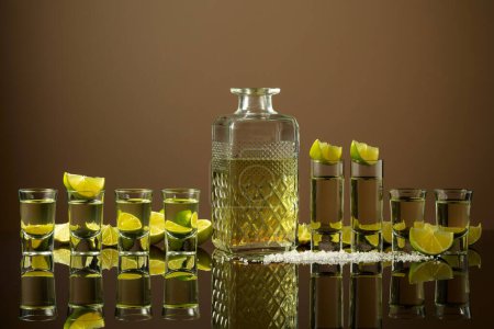 Téléchargez les photos : Tequila photos avec des tranches de citron vert et du sel sur un fond brun. Espace de copie. - en image libre de droit
