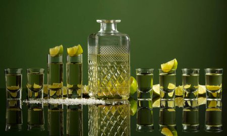 Foto de Tiros de tequila con rodajas de lima y sal sobre un fondo verde. Copiar espacio. - Imagen libre de derechos
