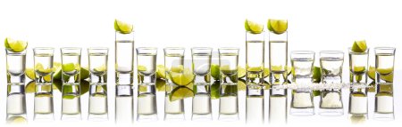 Téléchargez les photos : Tequila shots avec tranches de citron vert et sel isolé sur un fond blanc. - en image libre de droit