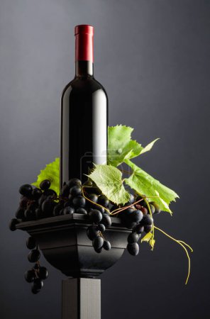 Téléchargez les photos : Une bouteille de rouge sur un podium noir. Vin avec raisins bleus et branches de vigne. Espace de copie. - en image libre de droit
