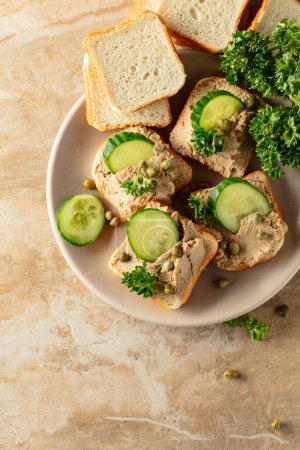 Photo for Toasts with pate on a beige plate. Open sandwiches with pate, fresh cucumber, capers, and parsley. Top view. - Royalty Free Image