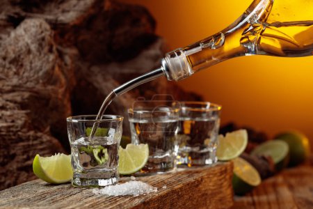 Téléchargez les photos : Tequila is poured from a bottle into a glass. A strong alcoholic drink with salt and lime slices on an old wooden board. - en image libre de droit